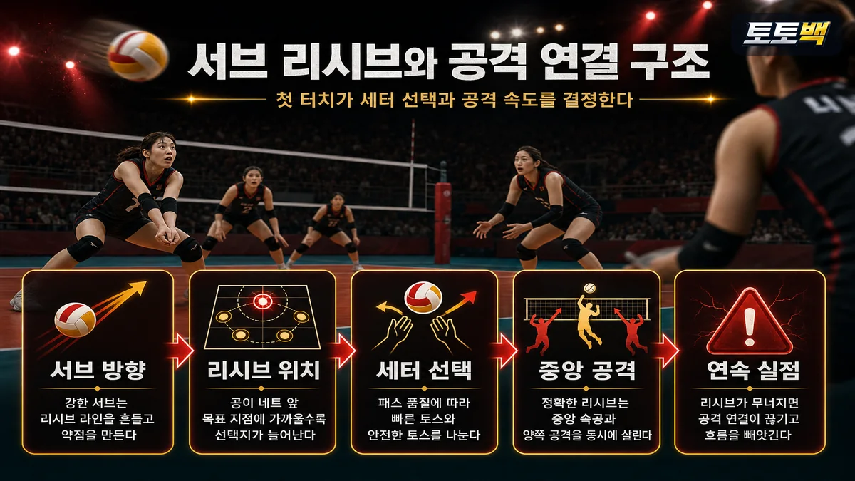 배구 서브 리시브 흔들림과 세터 공격 연결 구조를 비교 카드로 정리한 이미지