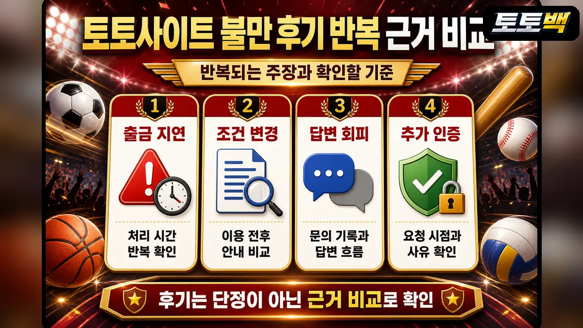 토토사이트 불만 후기의 출금 지연과 조건 변경 반복 근거를 비교한 이미지