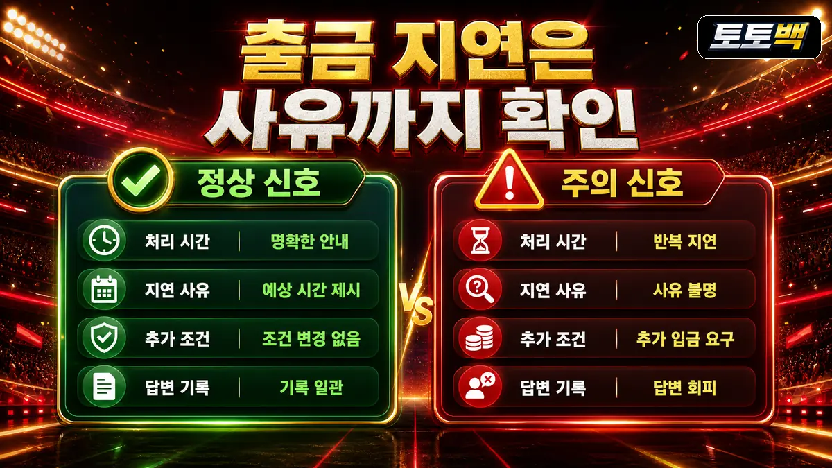 토토사이트 출금 지연 사유와 주의 신호를 비교한 이미지